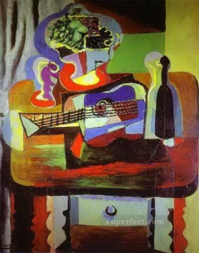 Cuenco de botella de guitarra con fruta y vaso sobre mesa cubismo de 1919 Pablo Picasso Pinturas al óleo